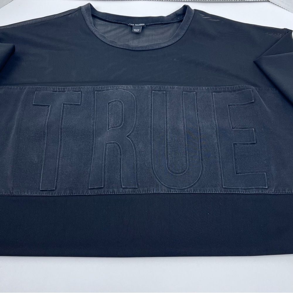 True Religion Women's Long Sleeve Black Sheer Spell Out Mesh Panel Top Size XS - Picture 7 of 13
